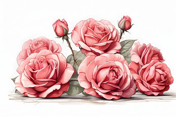 Close-up front view of pink roses bouquet illustration, cartoon