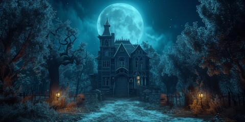 A 3D Halloween Scene With A Spooky House And Eerie Moonlit Street. Сoncept Haunted Forest With Wandering Spirits, Harvest Festival With Pumpkin Carving, Autumn Sunset Engagement Shoot