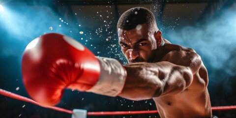 A Determined Boxer Throws A Powerful Punch In The Boxing Ring. Сoncept Boxing, Powerful Punch, Determination, Boxing Ring, Sportsmanship - obrazy, fototapety, plakaty