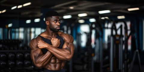 Fototapeta na wymiar A Fit African American Man In A Gym, Focused On His Biceps Curl. Сoncept Fitness Routine, Gym Workouts, Biceps Training, African American Fitness, Strength Training