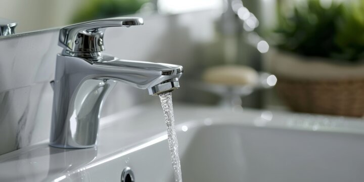 A Faucet In A Bathroom With Running Water In The Sink. Сoncept Bathroom Faucet, Running Water, Sink, Hygiene, Home Improvement