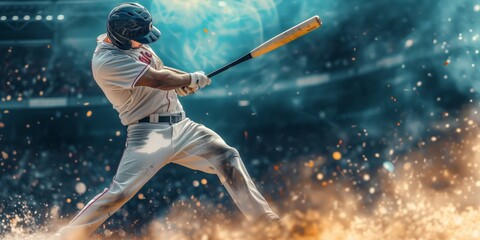 A Powerful Baseball Player Unleashes A Fierce Swing, Creating Sporting Art. Сoncept Powerful Baseball Swing, Fierce Sporting Art, Athletic Excellence, Dynamic Sports Photography - obrazy, fototapety, plakaty