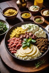 Finely minced raw beef mixed with spiced butter and herbs, often served with cottage cheese by ai generated