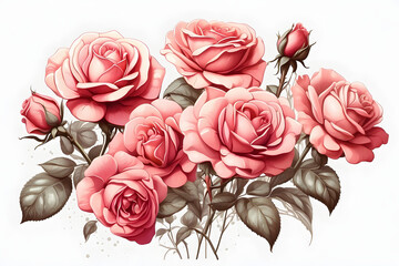 Close-up front view of pink roses bouquet illustration, cartoon