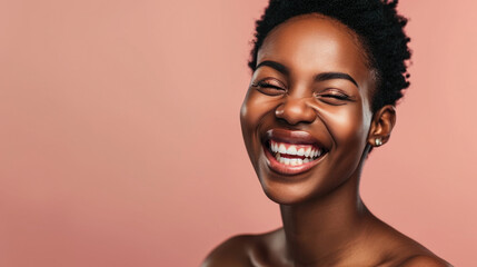 Obraz premium Woman with warm smile on her face, her eyes closed in moment of pure joy. This picture can be used to depict happiness, relaxation, and contentment