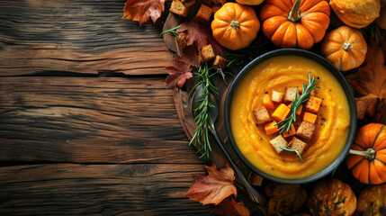 Obraz na płótnie Canvas Bowl of delicious pumpkin soup surrounded by small pumpkins. Perfect for cozy autumn evenings.