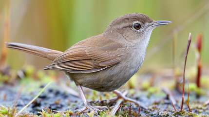 Obraz premium Small brown bird standing on top of moss covered ground. Ideal for nature and wildlife themes
