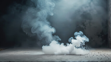  a smoke cloud is coming out of a window sill in a dark room with a black background and a wooden floor, smoke