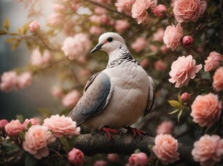 small bird sits in a sunny garden with flowers. AI Generated.