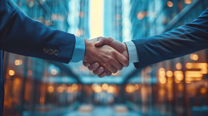Two professionals shake hands against the backdrop of a modern business center. Business, deal, conclusion of an agreement. Close-up, handshake.