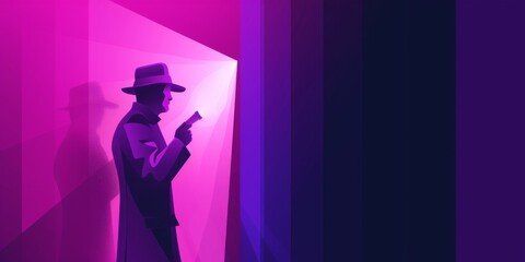 Bright Violet Vector Image Of A Spy Investigating A Mysterious Case. Сoncept Spy-Themed Illustration, Detective Adventures, Mysterious Intrigue, Violet Vector Art, Secret Agent Mysteries