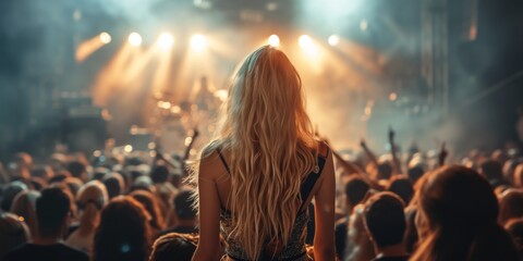 Blonde Rock Star Captivates The Crowd With Mesmerizing Stage Performance. Сoncept Self-Care And Wellness, Creative Writing Prompts, Diy Home Decor, Healthy Cooking Recipes - obrazy, fototapety, plakaty