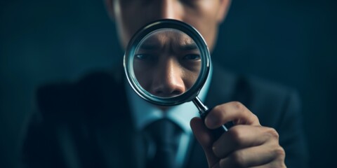 Businessman With A Magnifying Glass Searches For A Solution In The Corporate World. Сoncept Corporate Problem Solving, Strategic Decision Making, Business Solutions, Entrepreneurial Vision - obrazy, fototapety, plakaty