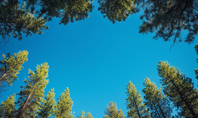 bottom view of pine trees. clear sky. bellow forest tree.