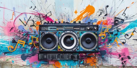 Colorful Boombox Tape Recorder With Graffiti Arrows And Musical Notes. Сoncept Neon Street Art, Vintage Vibes, Musical Inspiration, Urban Creative Expression, Retro Soundtracks