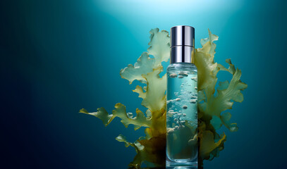 Cosmetic bottle mockup with bubbles on underwater background with algae sea plant. Collagen extract cosmetics product mockup template.