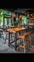 Fototapeta na wymiar Rustic wooden bar stools and tables in a modern restaurant with large windows