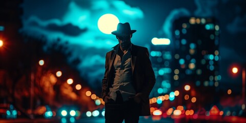 Detective In Hat Stands Tall In A Vibrant City, Moonlit Background. Сoncept Film Noir Mystery, Urban Adventures, Moonlit Mystique, Sleuthing In The City - obrazy, fototapety, plakaty