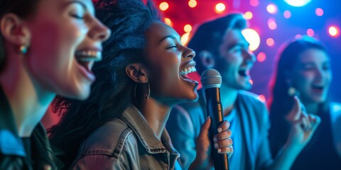 Diverse Friends Enjoying Karaoke, Laughter, And Fun At A Nightclub Party. Сoncept Beach Day Fun, Water Sports Adventures, Tropical Relaxation, Sunset Bonfire, Beach Volleyball Championship - obrazy, fototapety, plakaty