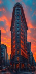 a_picture_of_the_flatland_building_at_sunset