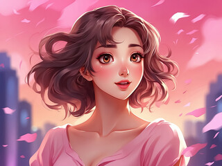 Beautiful girl in a pink dress on the background of the city. Generative Ai