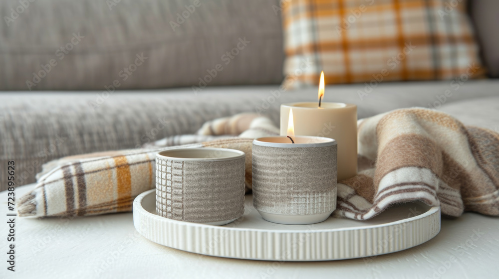 Poster tray with three cups and candle. perfect for adding cozy touch to any setting