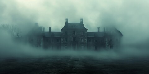 Enchanting Manor Engulfed In Mist Creates An Eerie And Captivating Atmosphere. Сoncept Mysterious Fog, Haunting Beauty, Enigmatic Manor, Atmospheric Photography