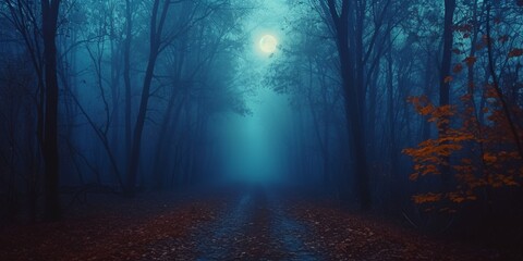 Enchanting Forest At Dusk With Eerie Fog, A Moonlit Path, And Halloween Ambiance. Сoncept Enchanting Forest, Eerie Fog, Moonlit Path, Halloween Ambiance