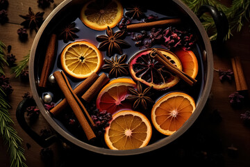 Fototapeta na wymiar Mulled wine with spices on wooden background top view. Generative Ai