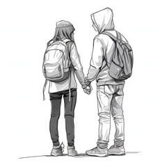 Teenage couple shyly holding hands isolated on white background, sketch, png
