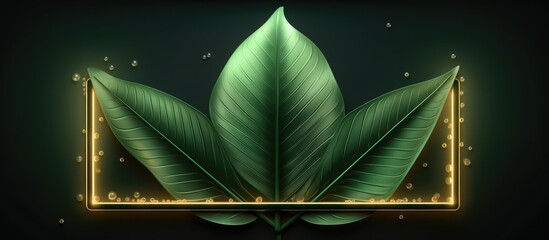Green leaf with gold frame on dark background.