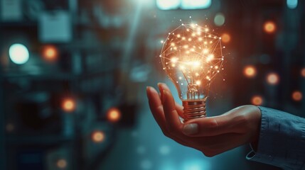 Businessman hand holding creative light bulb with industry network,analysis solution and development marketing network icons planning strategy, Modern business, Innovative of new ideas