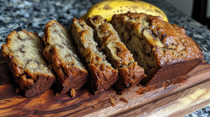 Sliced ​​loaf of banana bread on cutting board. Perfect for food blogs, recipe websites, and baking tutorials