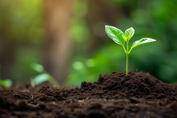 Green plant sprouting from soil, growth concept, nature background, gardening and environment themes, botanical illustrations, and educational materials or earth day celebration.