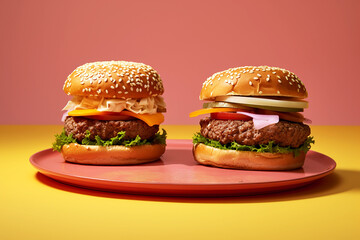 Hamburger served on a tray with various toppings on a pastel coloured background. AI generative.