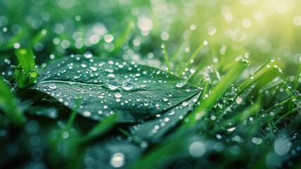 Dew on Green Grass and leaves  Blades