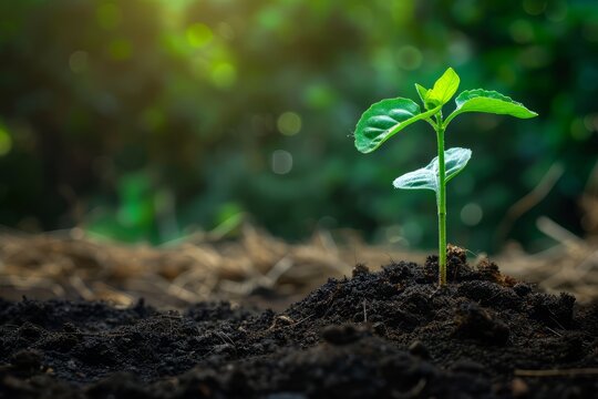 Fototapeta Green plant sprouting from soil, growth concept, nature background, gardening and environment themes, botanical illustrations, and educational materials or earth day celebration.