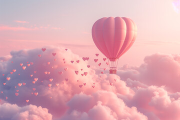 Obraz premium Heart Hot Air Balloon in Pink Valentine's Day Sky Romantic heart-patterned hot air balloon soaring through a dreamy pink sky filled with fluffy clouds and small hearts.
