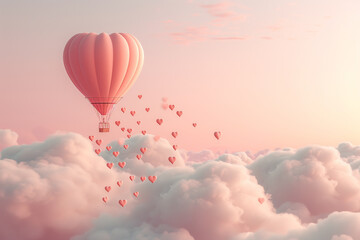 Fototapeta premium Heart Hot Air Balloon in Pink Valentine's Day Sky Romantic heart-patterned hot air balloon soaring through a dreamy pink sky filled with fluffy clouds and small hearts.