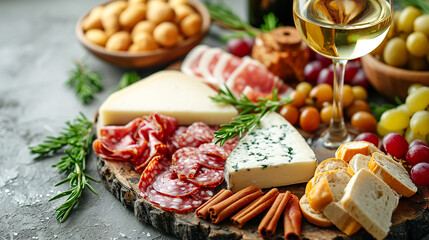 An exquisite board of starters with cold meats, cheeses, fruit and crackers Accompanied by a glass of wine. AI generative.