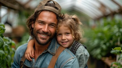 Happy farmer dad father with daughter child on piggyback walking fun in garden greenhouse