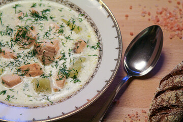 Finnish Salmon Soup (Lohikeitto). Norwegian creamy salmon soup.