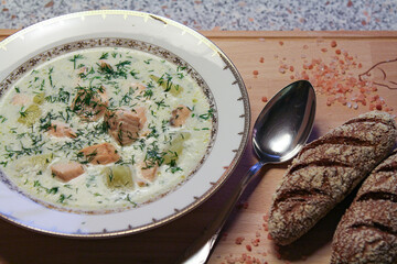 Finnish Salmon Soup (Lohikeitto). Norwegian creamy salmon soup.