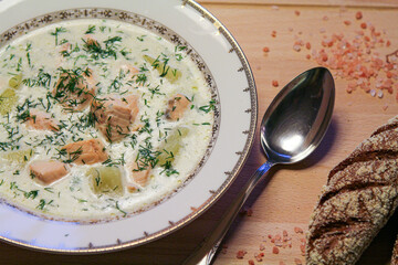 Finnish Salmon Soup (Lohikeitto). Norwegian creamy salmon soup.