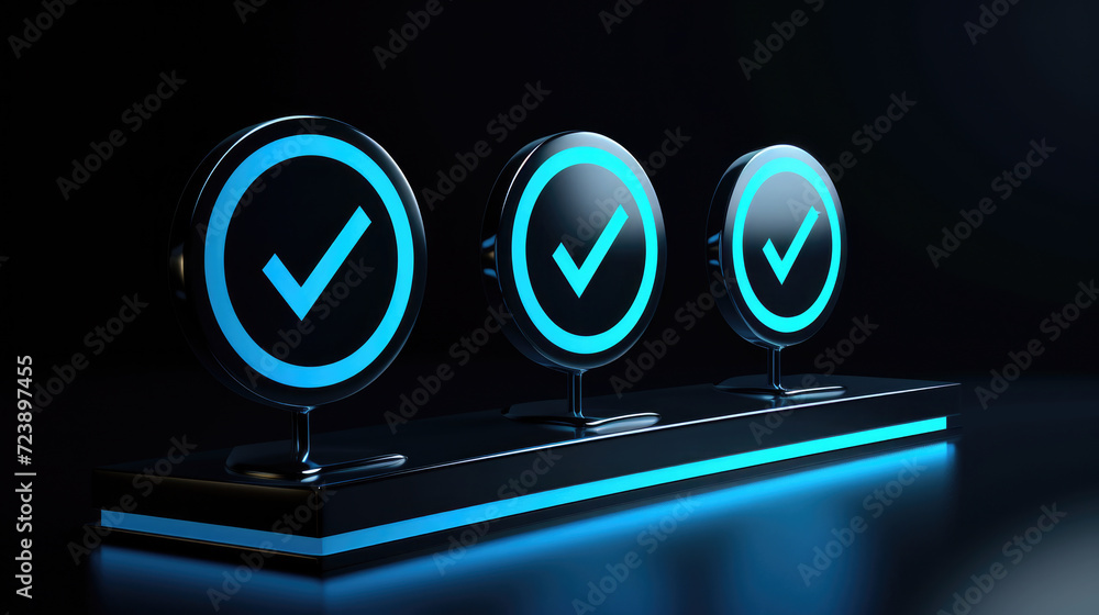 Poster three round mirrors on stand illuminated with blue lights. can be used to add modern and stylish tou