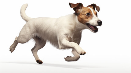 White and brown dog running on white surface. Suitable for pet-related designs and advertisements