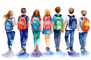 watercolor drawing, 5 schoolchildren, children, students, teenagers with backpacks go to school together. back view