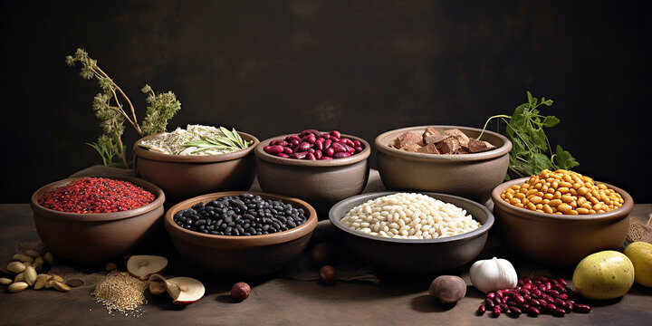 Scarves with various coloured grains and cereals such as rice, peas, lentils. AI generative.