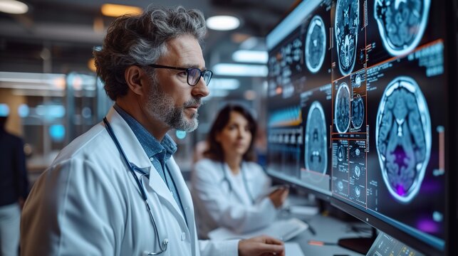 Doctor examine film x-ray the brain by mri scan of the patient