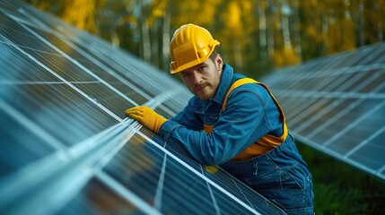 Worker technician checking and operating solar panels system on rooftop of solar cell farm power plant